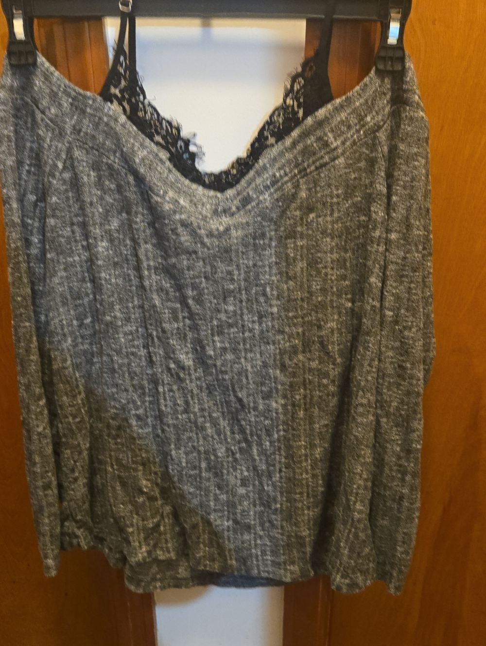 Maurices Gray Ribbed Long Sleeve Tank with Black Lace Trim